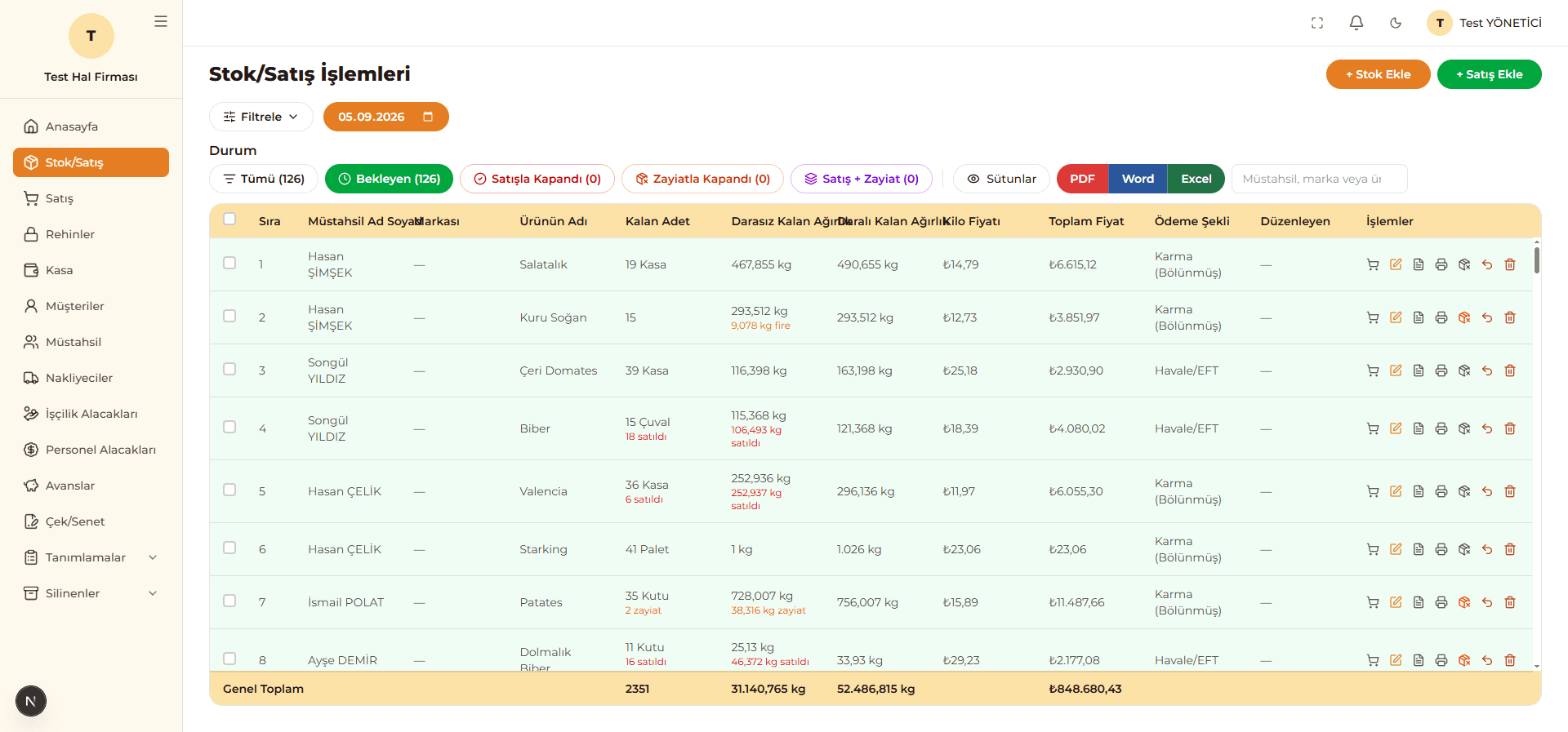 Stok/Satış İşlemleri ekranı: durum filtreleri, sütunlar, PDF, Word ve Excel dışa aktarım